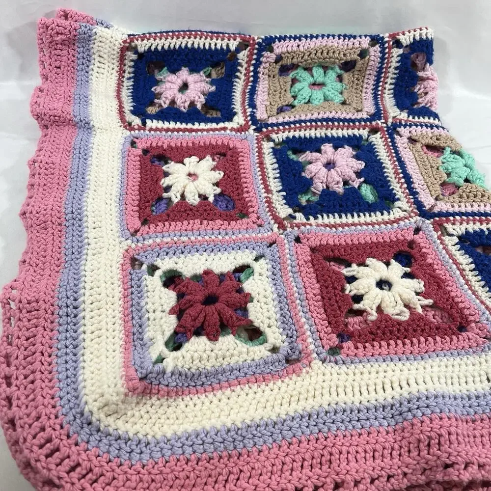 Vintage Granny Square Afghan Blanket Pink Mint Purple Mauve Blue Loose Knit